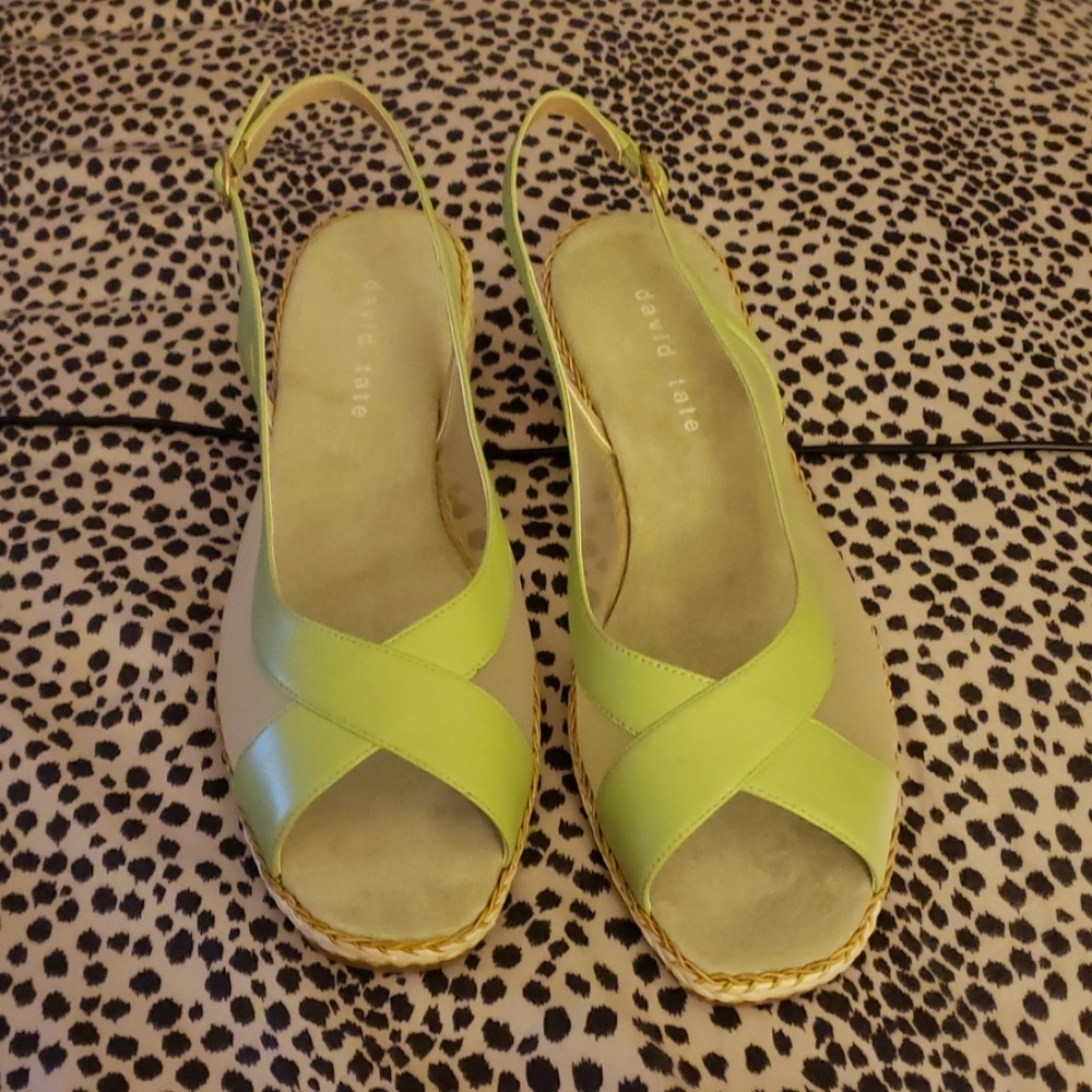 12 W David Tate Green Leather and Suede Wedges